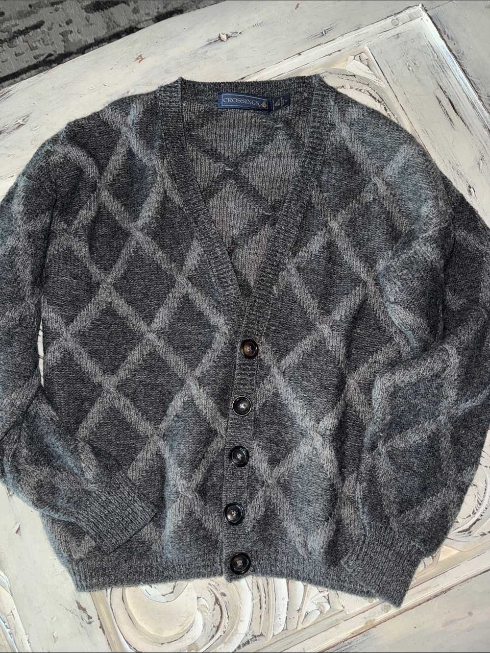 Vintage Old school Wool Cardigan Mens M Grey Grandpa Sweater Thick chunky Warm